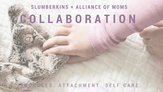 Child’s hands holding a Slumberkins plush on a bed, overlaid headline Collaboration for Slumberkins + Alliance of Moms