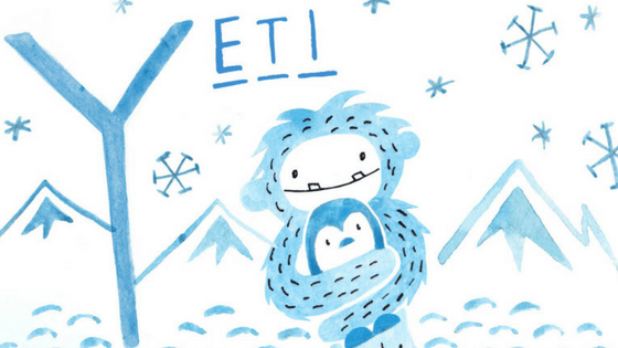 Yeti character hugging a penguin illustration with YETI text over snowy mountains