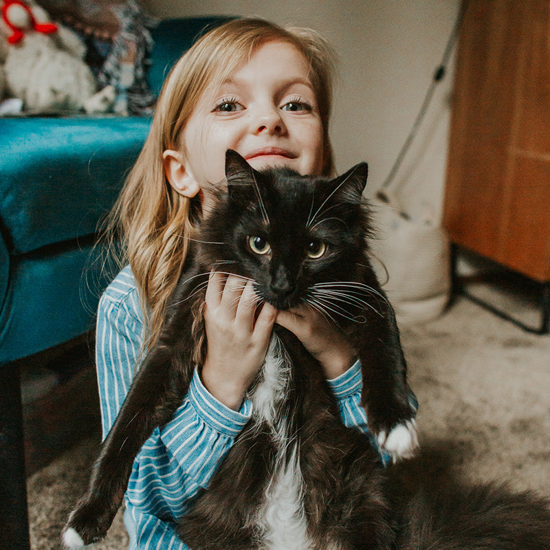 Young girl smiling while holding a large black-and-white cat in a cozy living room