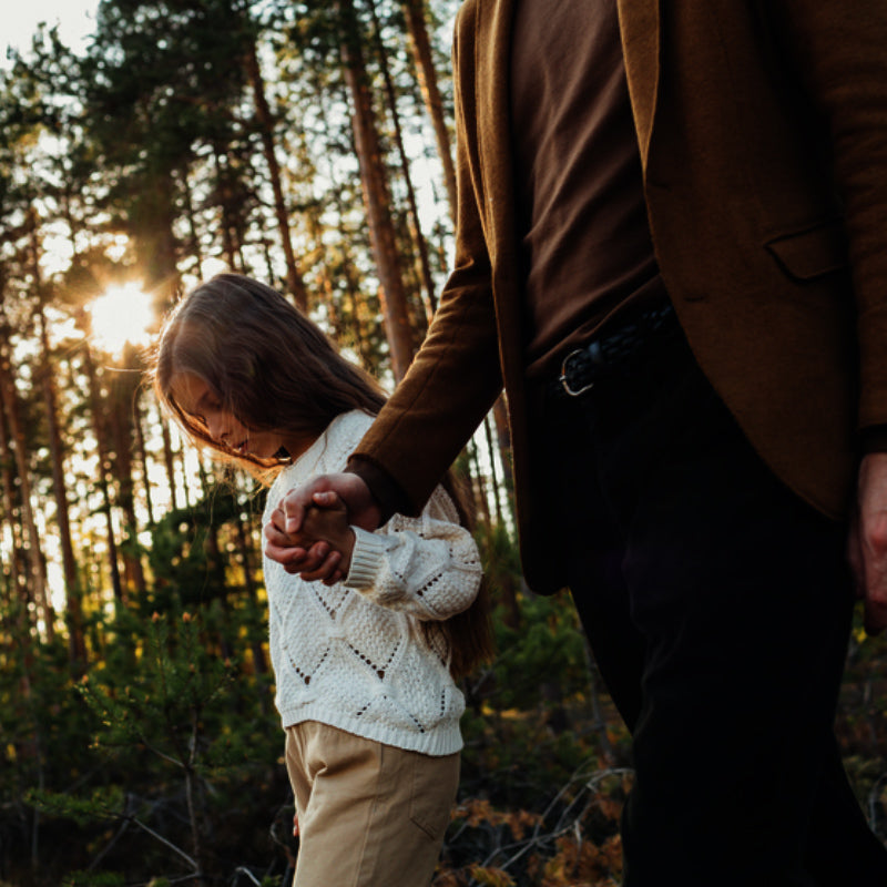 Parent holding hands with young child walking through a sunlit pine forest at golden hour