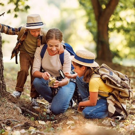 Adult and two children examining nature finds in a jar during a forest walk