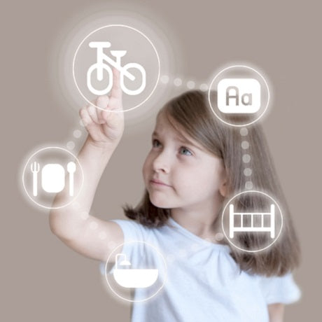Girl tapping icons for bike, meal, bath and bed to illustrate a daily routine; overlay reads How to Create a Daily Schedule