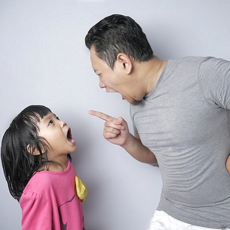 Father shouting at toddler daughter against a light gray background, with overlaid headline Will My Toddler Remember Me Shouting