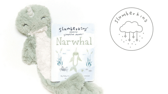 Front view of Narwhal plush and board book showcasing soft mint green texture and illustrated cover on white background