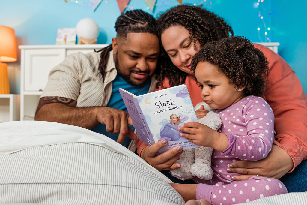 A family going through a daily emotional learning routine with Slumberkins book & plush