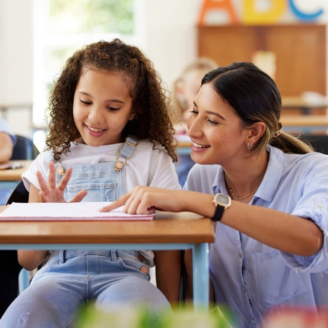 Teacher helping a young student read