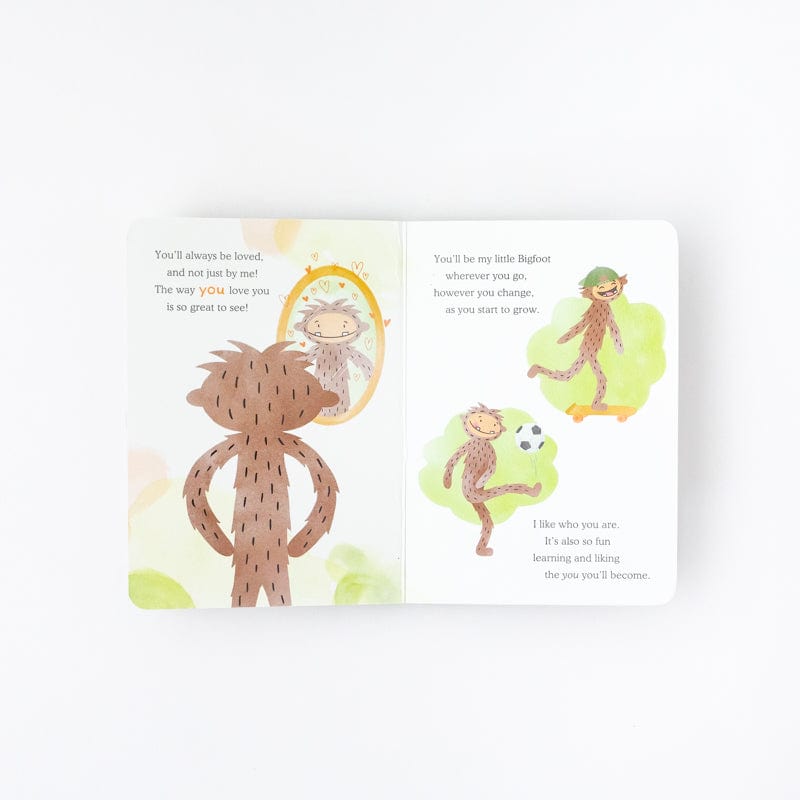 "Bigfoot You Are Lovable" Board Book open to show illustrations and story - View Product