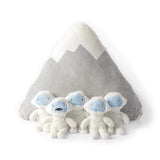 All 5 mini Yetis sitting in front of the Zip-up mountain pilow