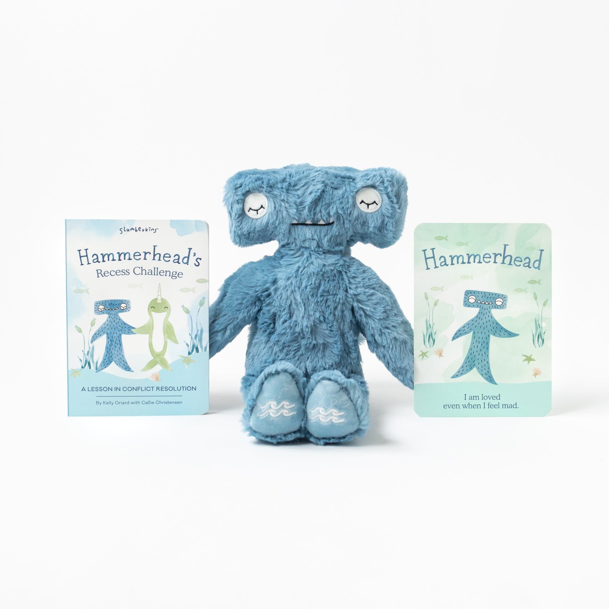 Hammerhead Stuffed Animal with Hammerhead's Recess Challenge Board Book and An Affirmation card supporting conflict resolution - View Product