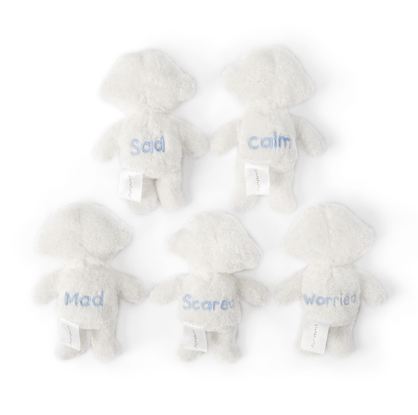 the 5 Feels each have their emotion embroidered on their back. Sad, calm, angry, scared and worried. - View Product