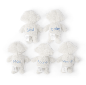 the 5 Feels each have their emotion embroidered on their back. Sad, calm, angry, scared and worried.